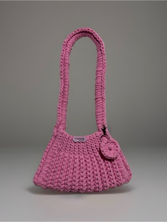 Handmade Handbags - Handmade Pink Crochet Shoulder Bag with Heart Charm